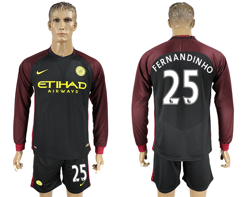 2016-17 Manchester City 25 FERNANDINHO Away Long Sleeve Soccer Jersey