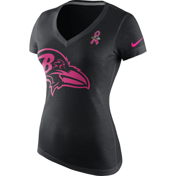 Baltimore Ravens Nike Women's Breast Cancer Awareness Tri Blend V Neck T-Shirt Black - Click Image to Close