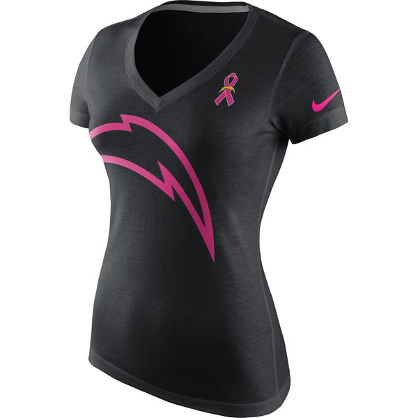 San Diego Chargers Nike Women's Breast Cancer Awareness Tri Blend V Neck T-Shirt Black - Click Image to Close