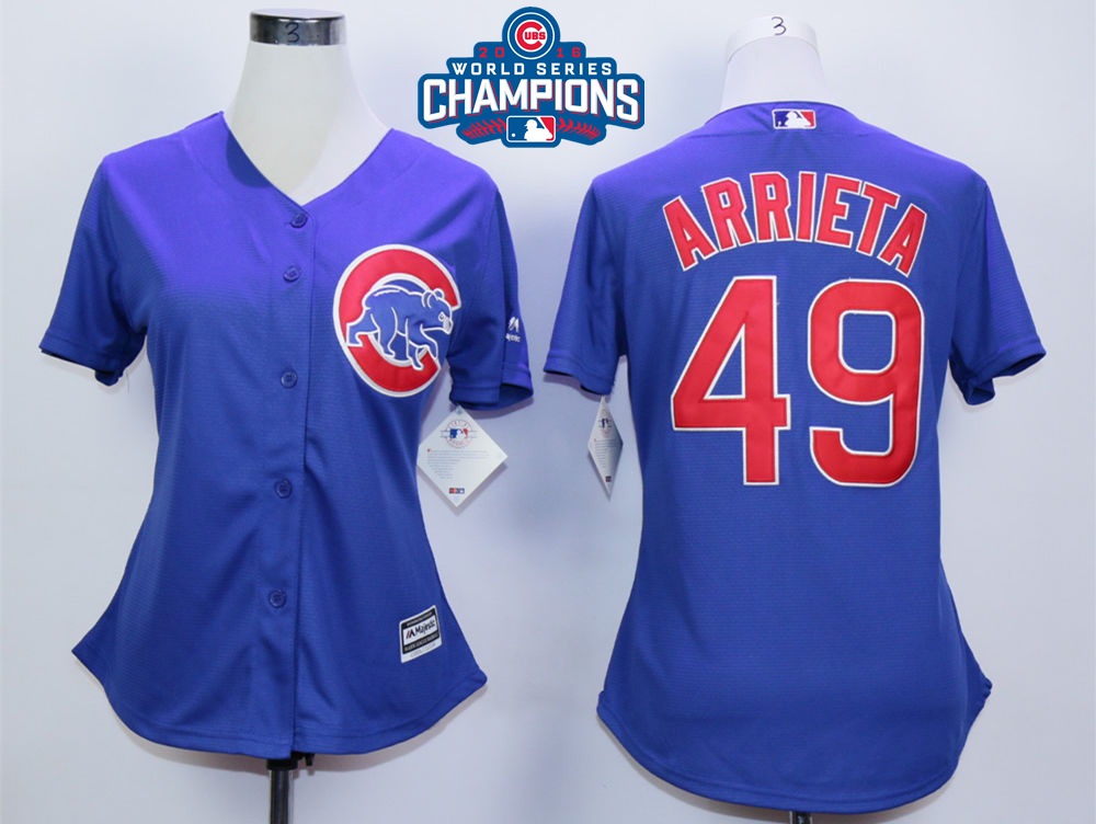 Cubs 49 Jake Arrieta Royal 2016 World Series Champions Women New Cool Base Jersey - Click Image to Close