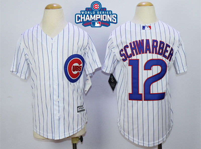 Cubs 12 Kyle Schwarber White 2016 World Series Champions Youth New Cool Base Jersey