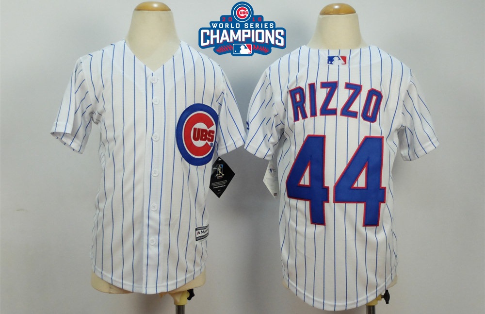 Cubs 44 Anthony Rizzo White 2016 World Series Champions Youth New Cool Base Jersey - Click Image to Close