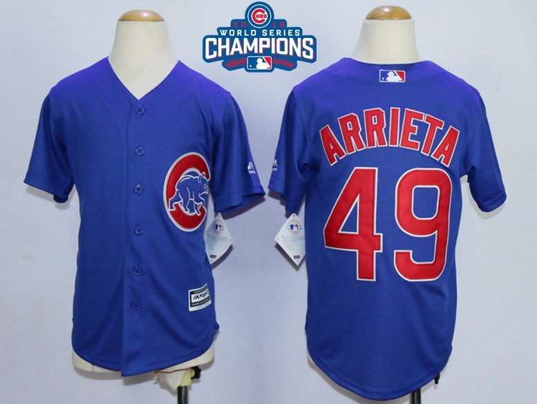 Cubs 49 Jake Arrieta Royal 2016 World Series Champions Youth New Cool Base Jersey - Click Image to Close