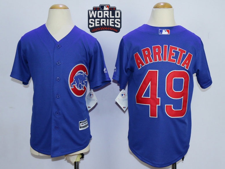 Cubs 49 Jake Arrieta Royal 2016 World Series Youth New Cool Base Jersey