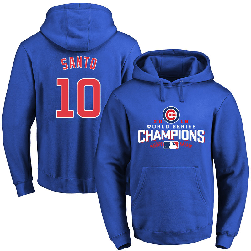 Cubs 10 Ron Santo Royal 2016 World Series Champions Pullover Hoodie - Click Image to Close