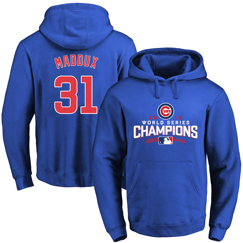 Cubs 31 Greg Maddux Royal 2016 World Series Champions Pullover Hoodie