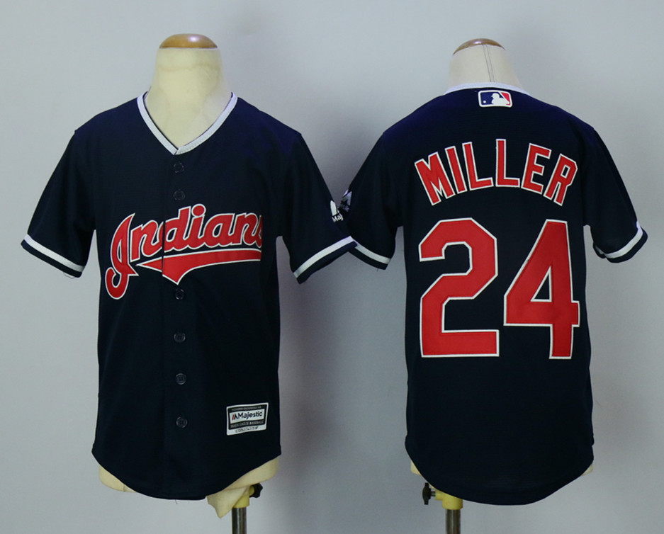 Indians 24 Andrew Miller Navy Youth New Cool Base Jersey - Click Image to Close