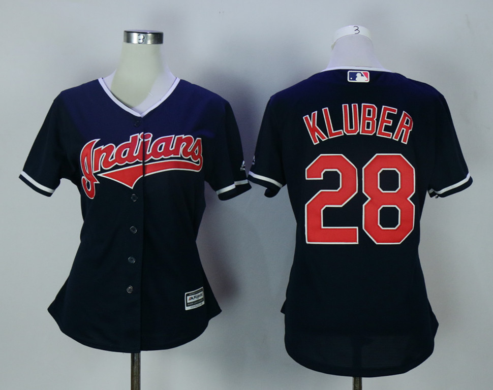 Indians 28 Corey Kluber Navy Women New Cool Base Jersey