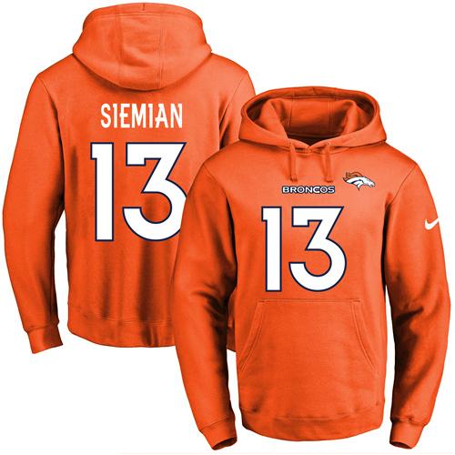 Nike Broncos 13 Trevor Siemian Orange Men's Pullover Hoodie