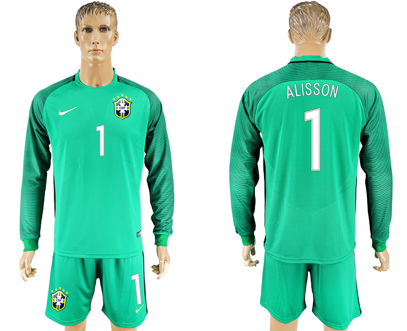 2016-17 Brazil 1 ALISSON Green Long Sleeve Goalkeeper Soccer Jersey