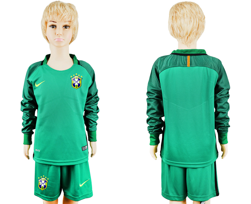 2016-17 Brazil Green Long Sleeve Youth Goalkeeper Soccer Jersey