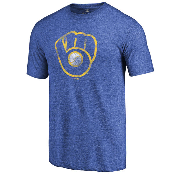 Milwaukee Brewers Distressed Team Tri Blend T-Shirt Heathered Royal - Click Image to Close