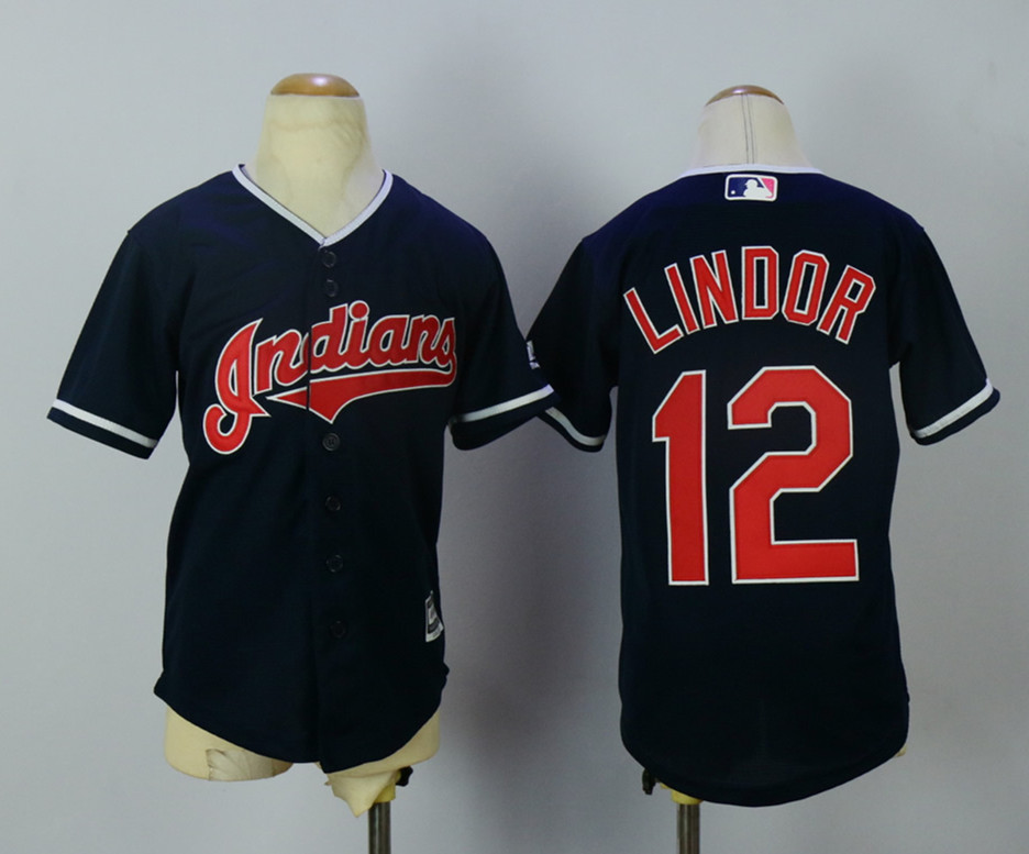 Indians 12 Francisco Lindor Navy Youth New Cool Base Jersey - Click Image to Close