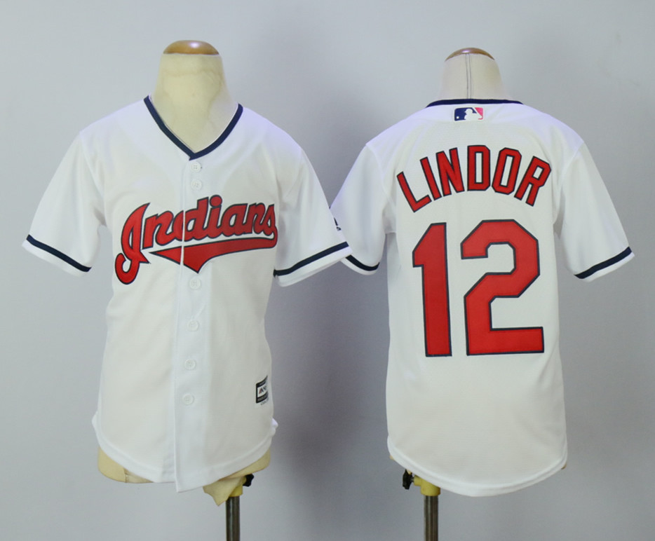 Indians 12 Francisco Lindor White Youth New Cool Base Jersey - Click Image to Close