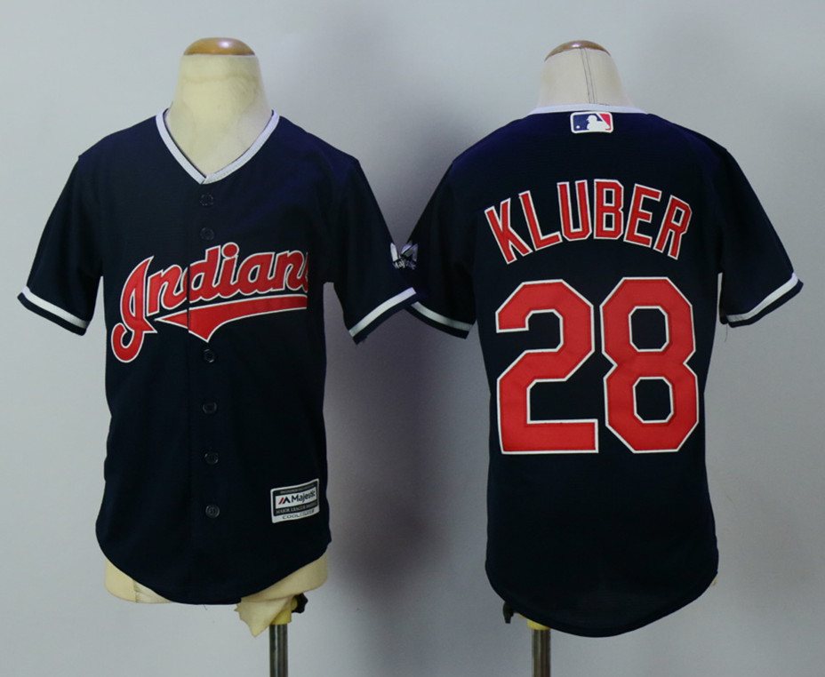 Indians 28 Corey Kluber Navy Youth New Cool Base Jersey - Click Image to Close