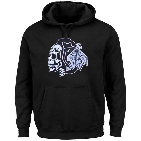 Blackhawks White Skull Logo Black Men's Pullover Hoodie