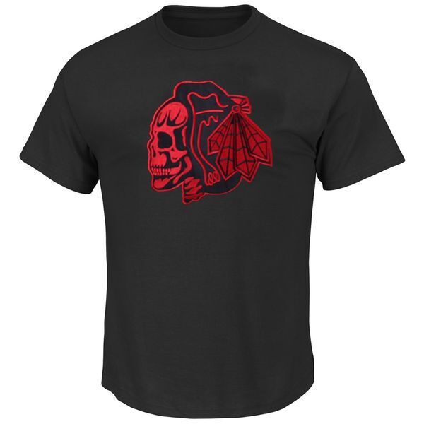 Blackhawks Red Skull Men's Black Short Sleeve T Shirt