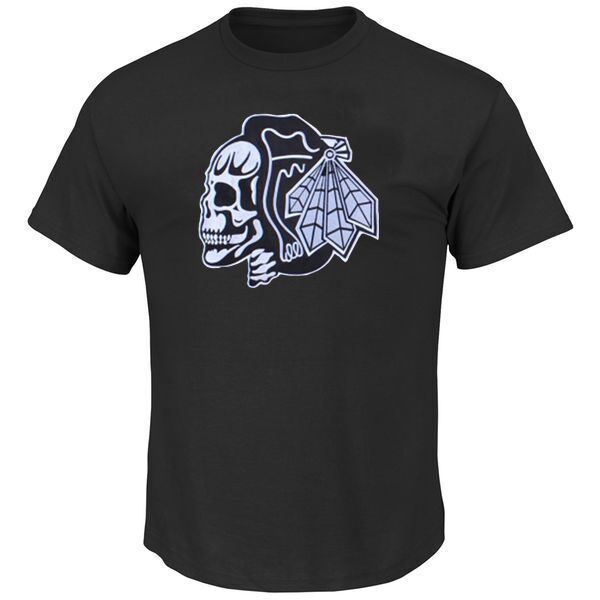 Blackhawks White Skull Men's Black Short Sleeve T Shirt
