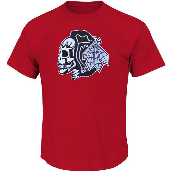 Blackhawks White Skull Men's Red Short Sleeve T Shirt