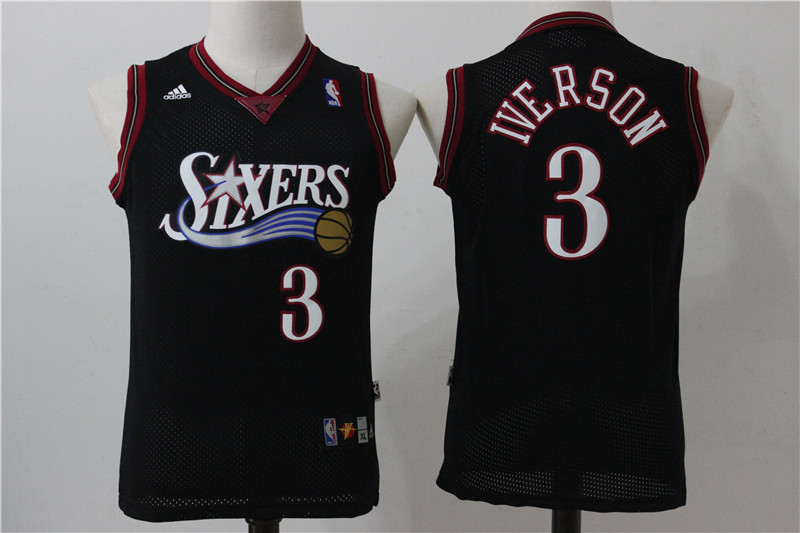 76ers 3 Allen Iverson Black Youth Throwback Swingman Jersey - Click Image to Close