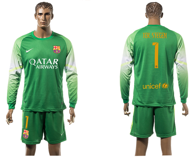 2015-16 Barcelona 1 TER STEGEN Goalkeeper Long Sleeve Soccer Jersey