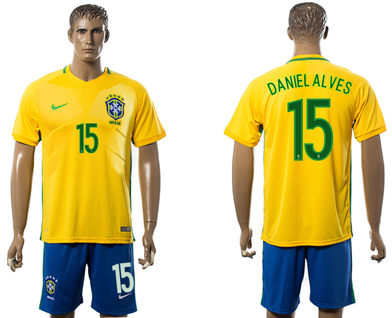 Brazil 15 DANIEL ALVES Home 2016 Copa America Centenario Soccer Jersey