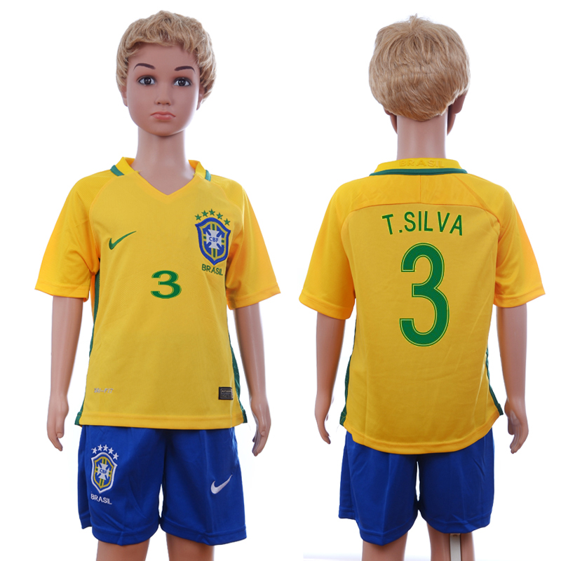 Brazil 3 T.SILVA Home Youth 2016 Copa America Centenario Soccer Jersey