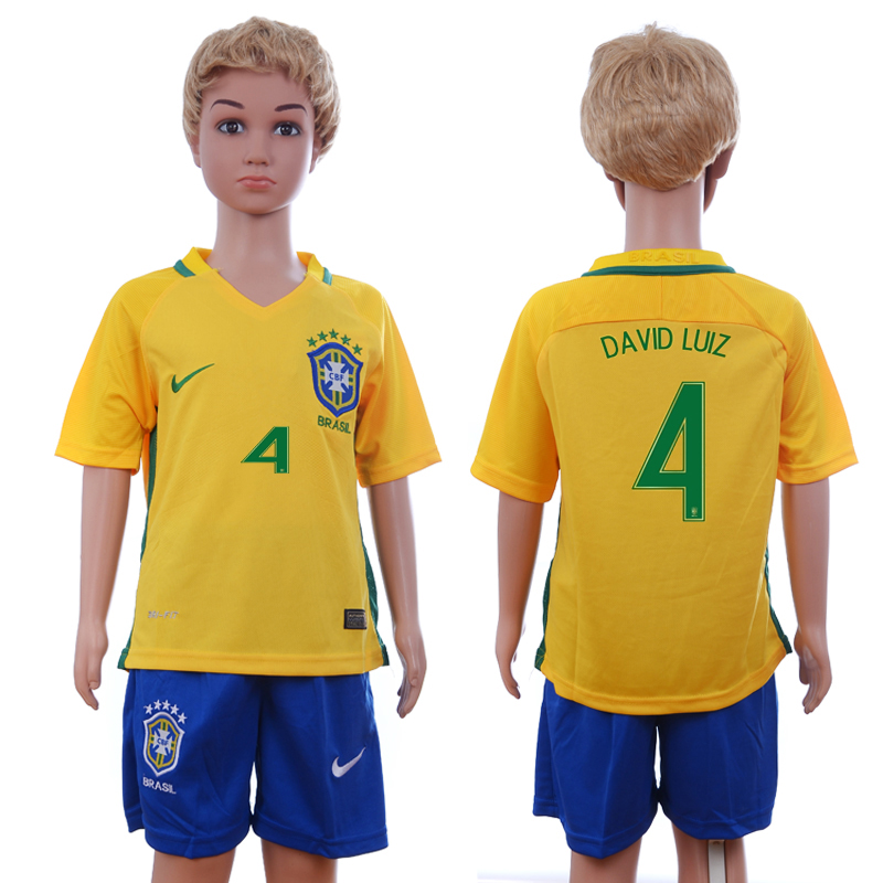 Brazil 4 DAVID LUIZ Home Youth 2016 Copa America Centenario Soccer Jersey