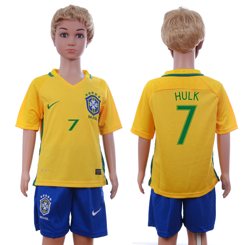Brazil 7 HULK Home Youth 2016 Copa America Centenario Soccer Jersey