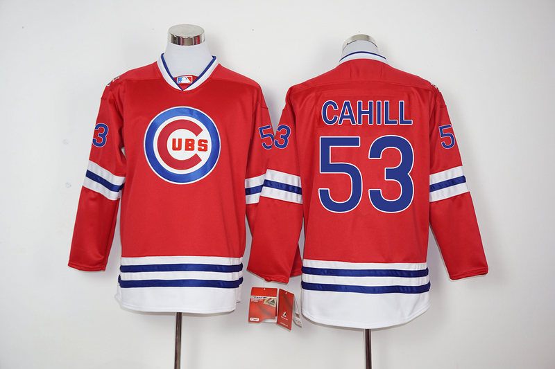 Cubs 53 Trevor Cahill Red Long Sleeve Jersey