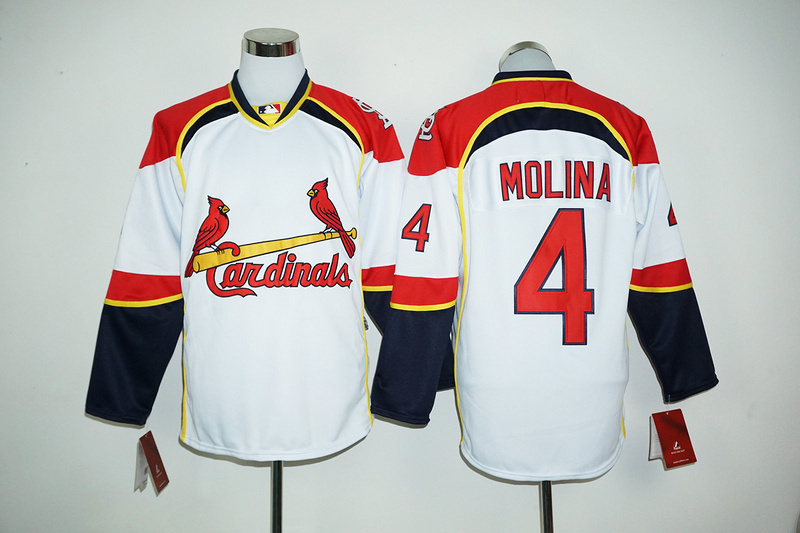 Cardinals 4 Yadier Molina White Long Sleeve Jersey