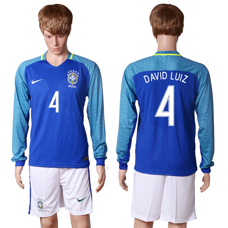 Brazil 4 DAVID LUIZ Away 2016 Copa America Centenario Long Sleeve Soccer Jersey