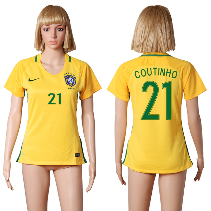 Brazil 21 COUTINHO Home Women 2016 Copa America Centenario Soccer Jersey