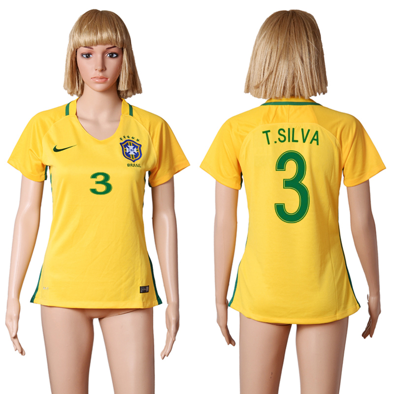 Brazil 3 T.SILVA Home Women 2016 Copa America Centenario Soccer Jersey
