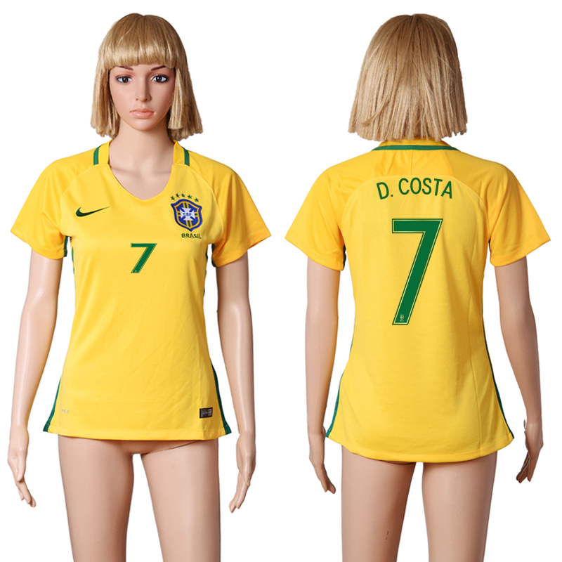 Brazil 7 D.COSTA Home Women 2016 Copa America Centenario Soccer Jersey