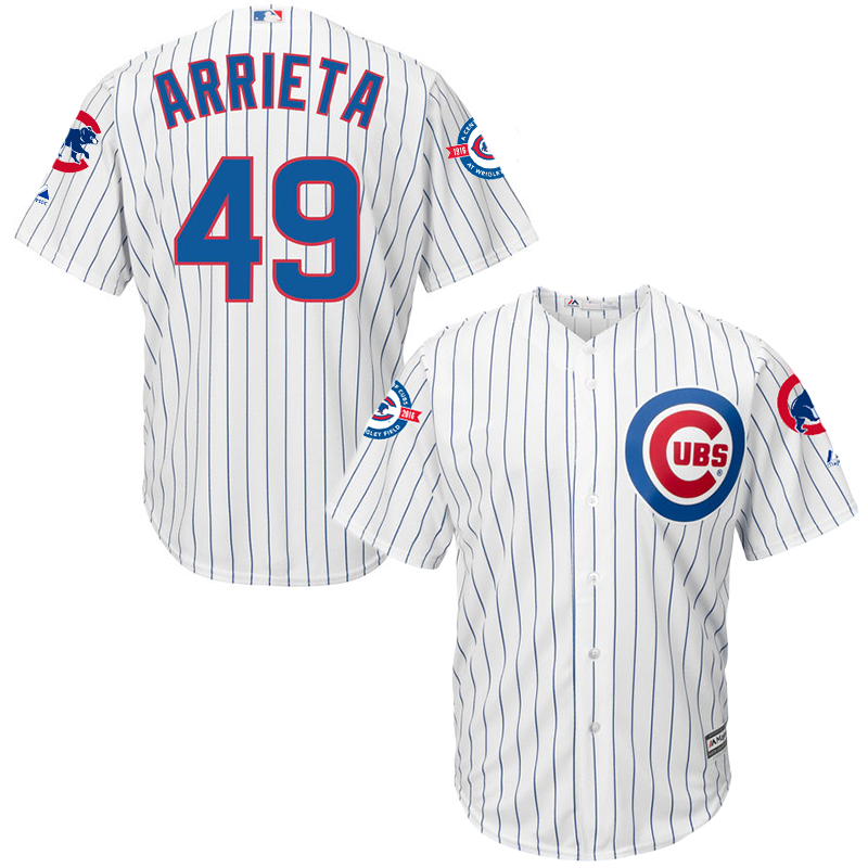 Cubs 49 Jake Arrieta White with 100 Years at Wrigley Field Commemorative Patch New Cool Base Jersey