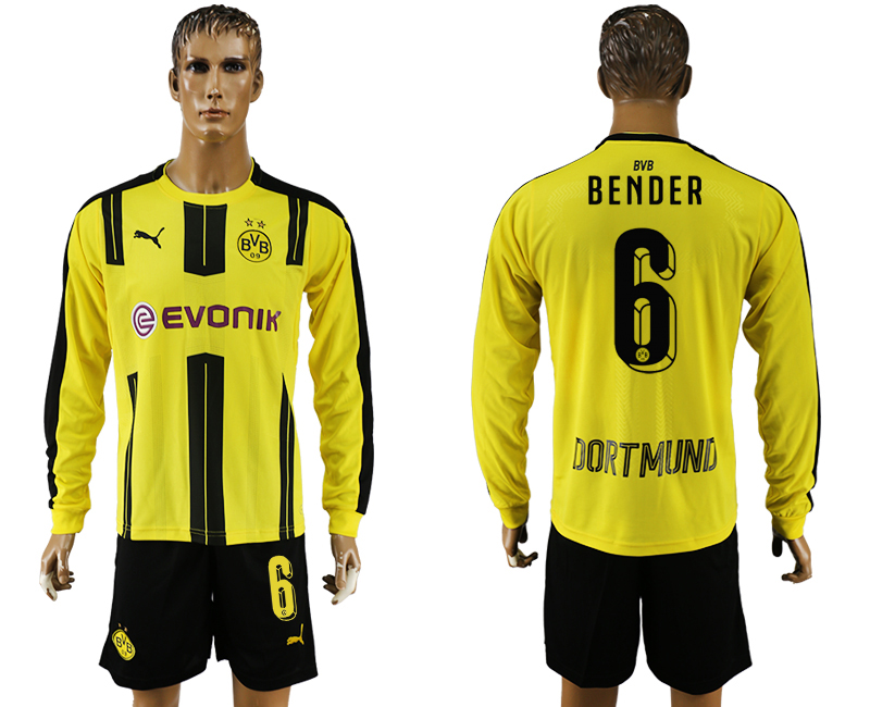 2016-17 Dortmund 6 BENDER Home Long Sleeve Soccer Jersey