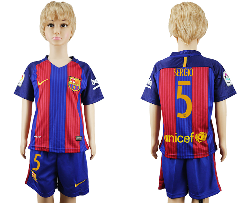 2016-17 Barcelona 5 SERGIO Home Youth Soccer Jersey
