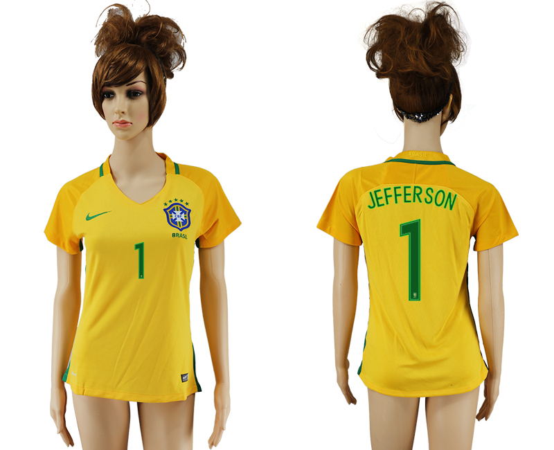 Brazil 1 JEFFERSON Home Women 2016 Copa America Centenario Soccer Jersey
