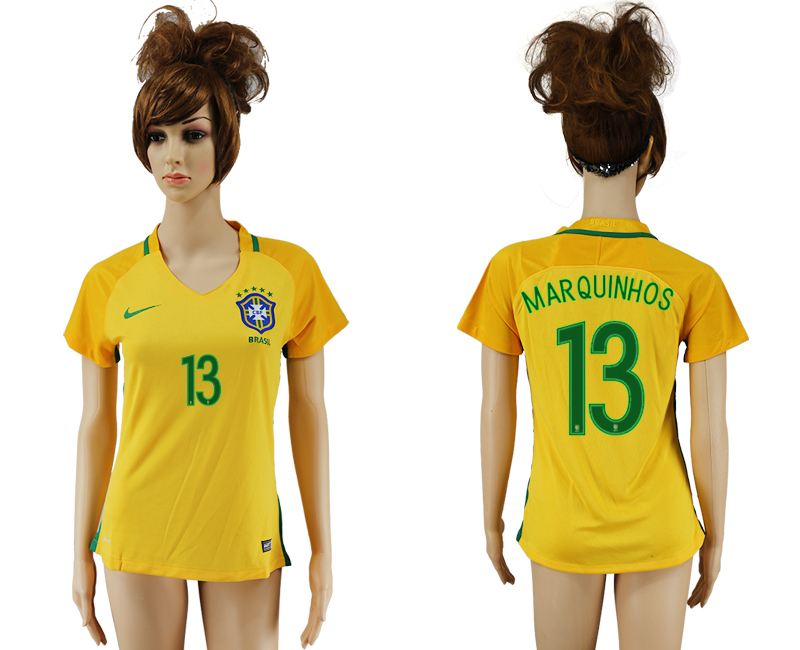 Brazil 13 MARQUINHOS Home Women 2016 Copa America Centenario Soccer Jersey