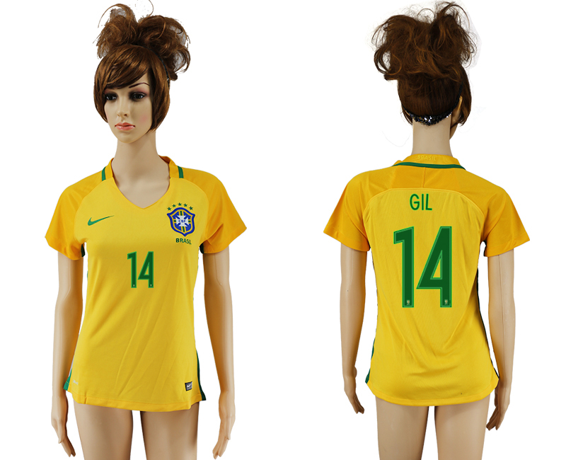 Brazil 14 GIL Home Women 2016 Copa America Centenario Soccer Jersey