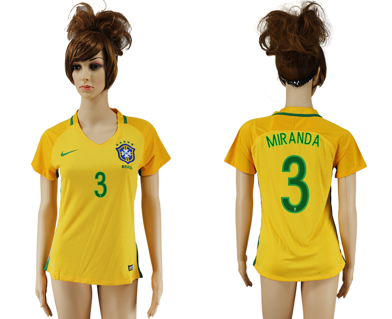 Brazil 3 MIRANDA Home Women 2016 Copa America Centenario Soccer Jersey