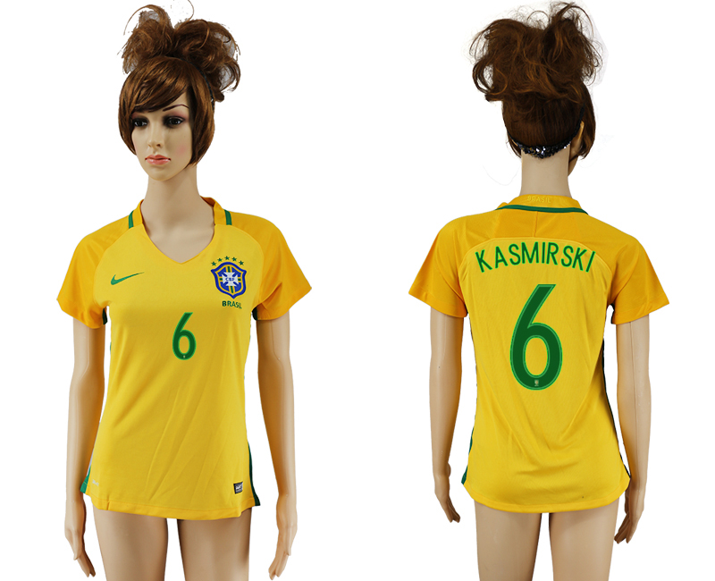 Brazil 6 KASMIRSKI Home Women 2016 Copa America Centenario Soccer Jersey