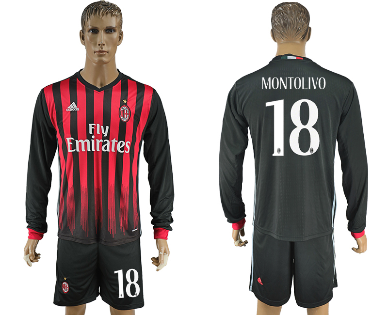 2016-17 AC Milan 18 MONTOLIVO Home Long Sleeve Soccer Jersey