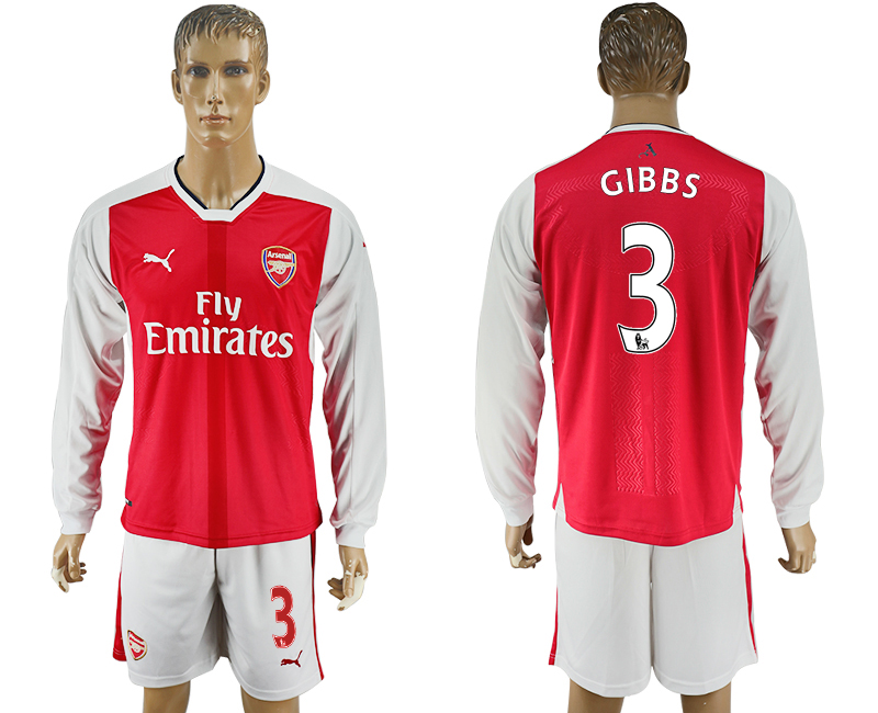 2016-17 Arsenal 3 GIBBS Home Long Sleeve Soccer Jersey