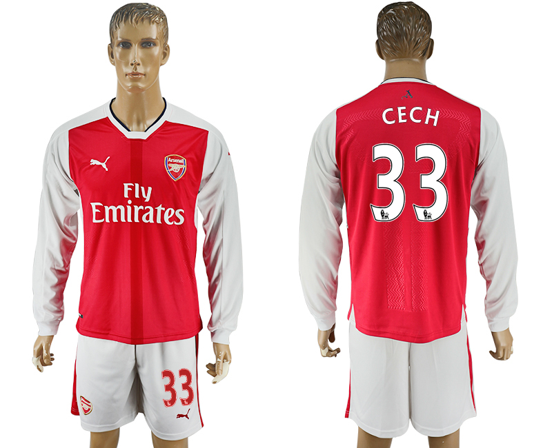 2016-17 Arsenal 33 CECH Home Long Sleeve Soccer Jersey