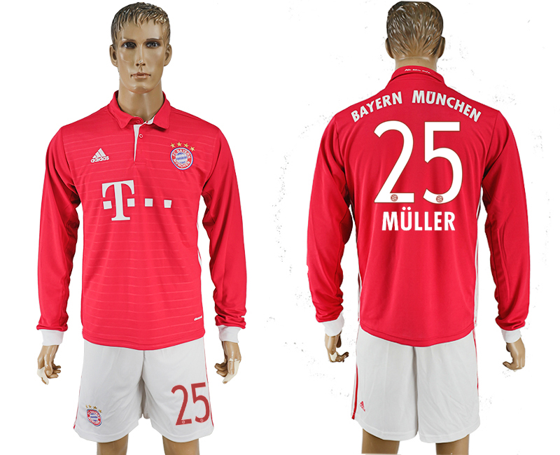 2016-17 Bayern Munich 25 MULLER Home Long Sleeve Soccer Jersey