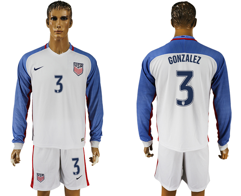 USA 3 GONZALEZ Home 2016 Copa America Centenario Long Sleeve Soccer Jersey