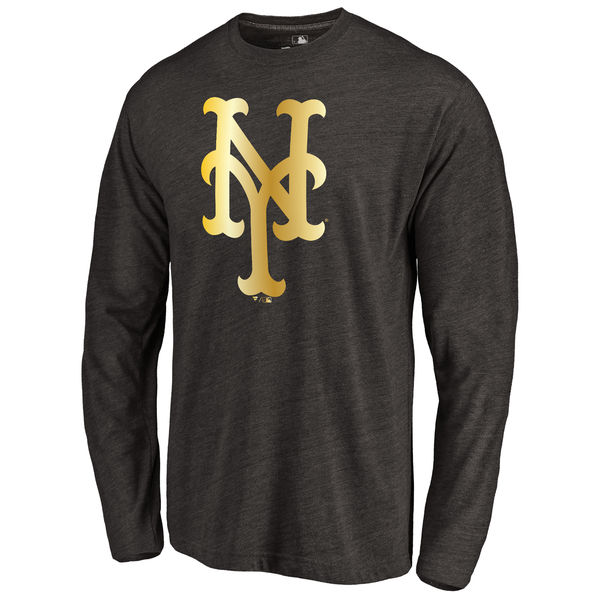 New York Mets Gold Collection Long Sleeve Tri Blend T-Shirt Black - Click Image to Close