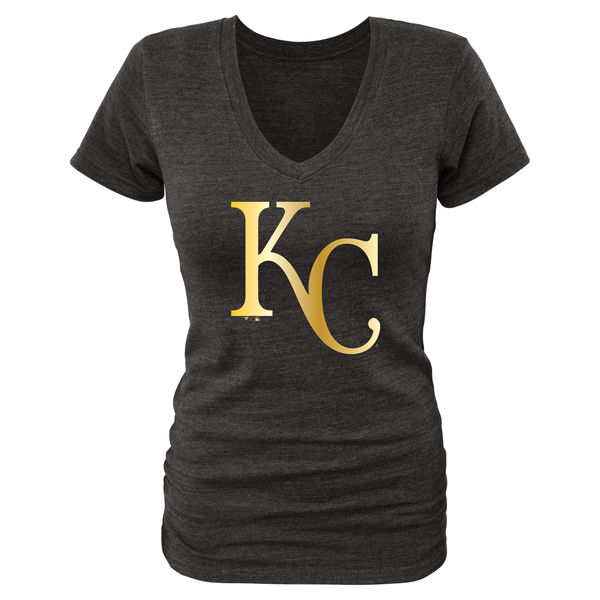 Kansas City Royals Women's Gold Collection Long Sleeve V Neck Tri Blend T-Shirt Black